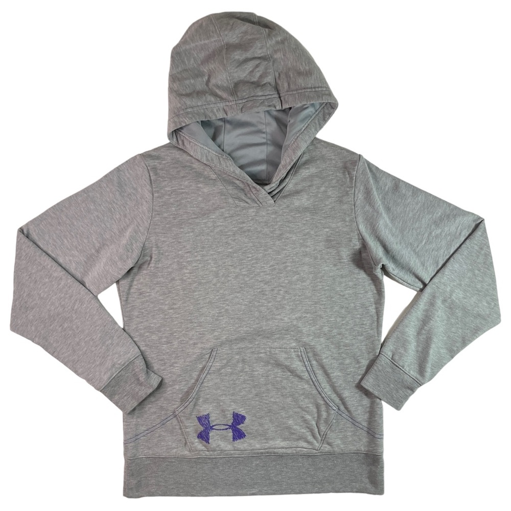 Under Armour Hoodie Womens Large Hooded Sweatshirt Gray Front Pocket Purple Logo - Picture 1 of 12